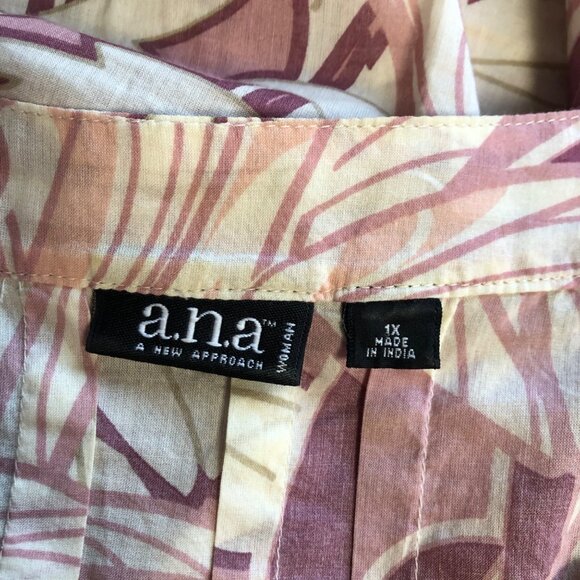 ANA Top Womens Size 1X Button Front Pink Cream Lightweight Cotton Balloon Sleeve - Picture 4 of 6